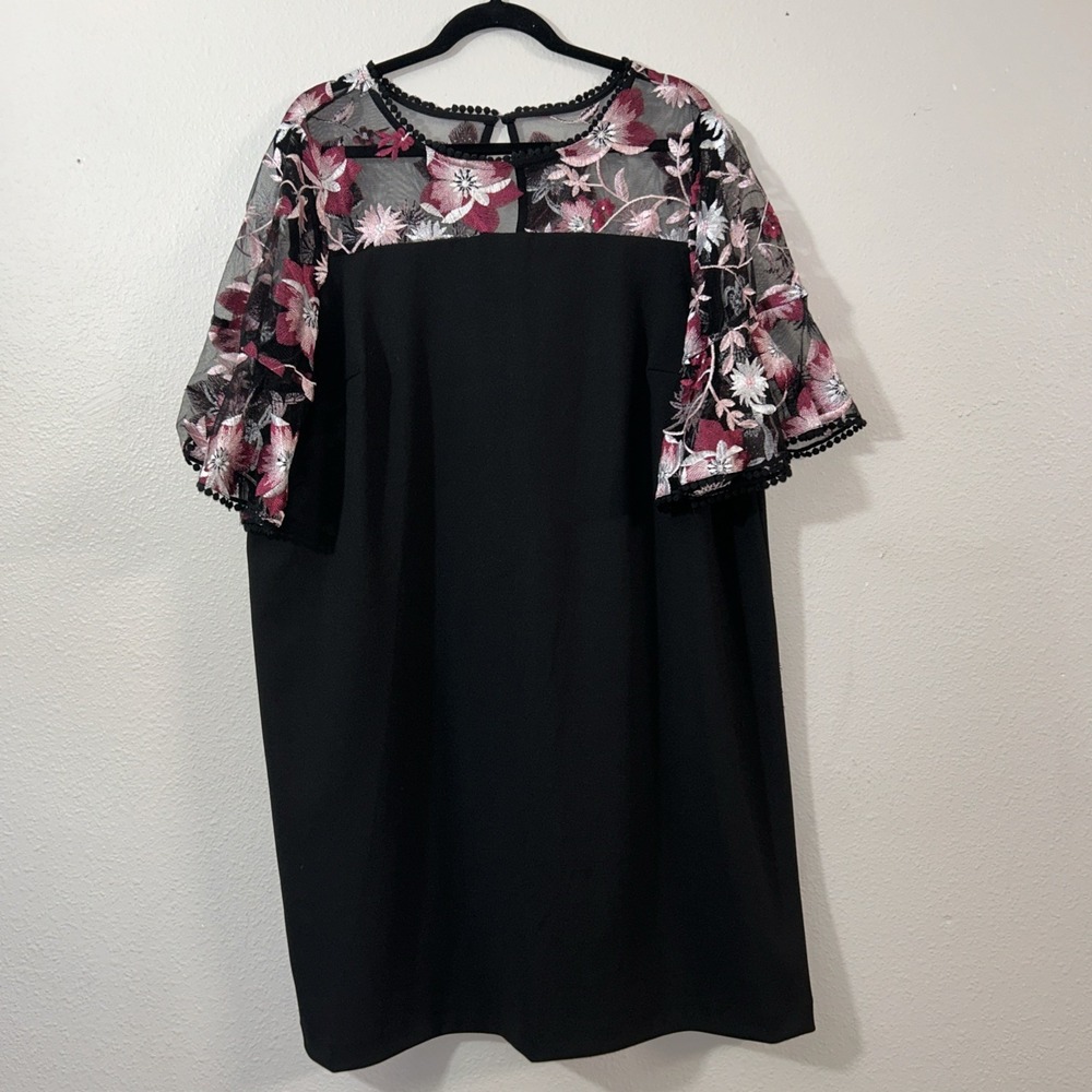Lane Bryant Dress Women's 18 Black Floral Embroidered Sleeve Career Feminine